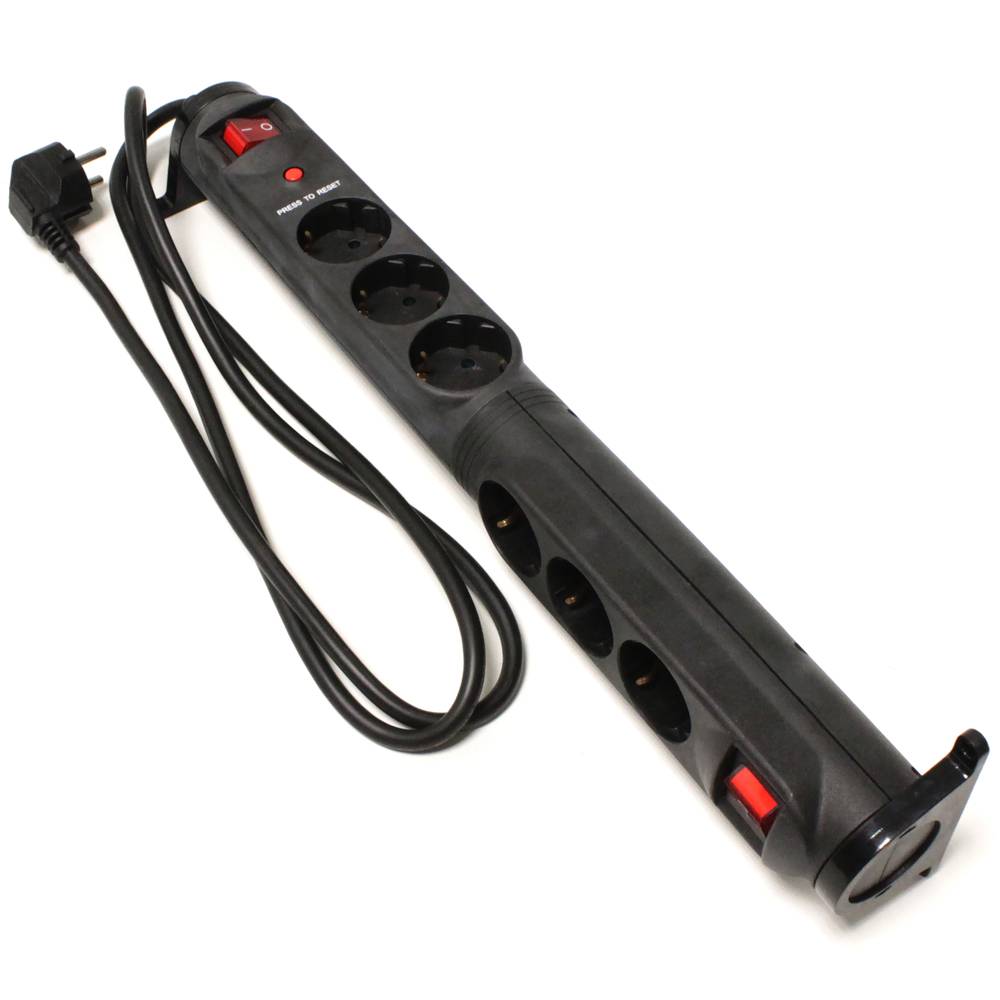 Stopcontact 6 schuko 16A 250V zwart met 2 schakelaars en 1,5m kabel