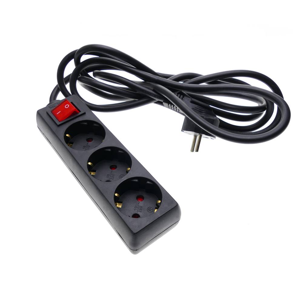 Regleta d'endolls 3 schuko 16A 230V negra amb interruptor i cable de 3m