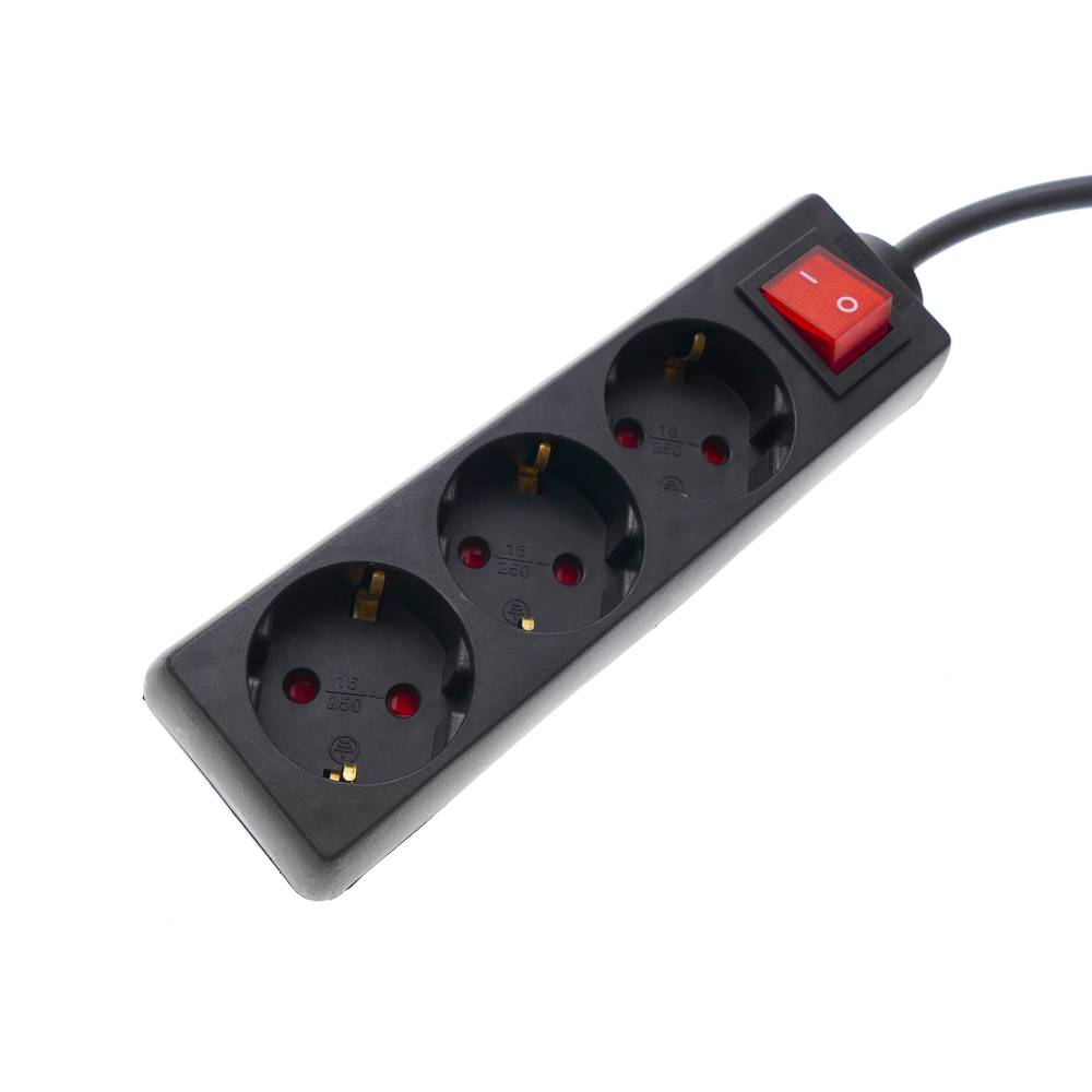 Regleta d'endolls 3 schuko 16A 230V negra amb interruptor i cable de 3m