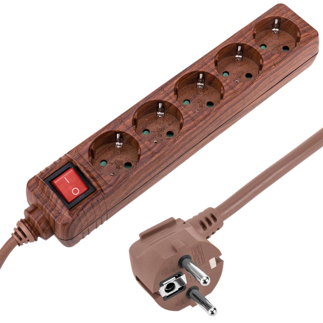 Regleta de enchufes 5 schuko 16A 250V madera con cable de 1.5m - Cablematic