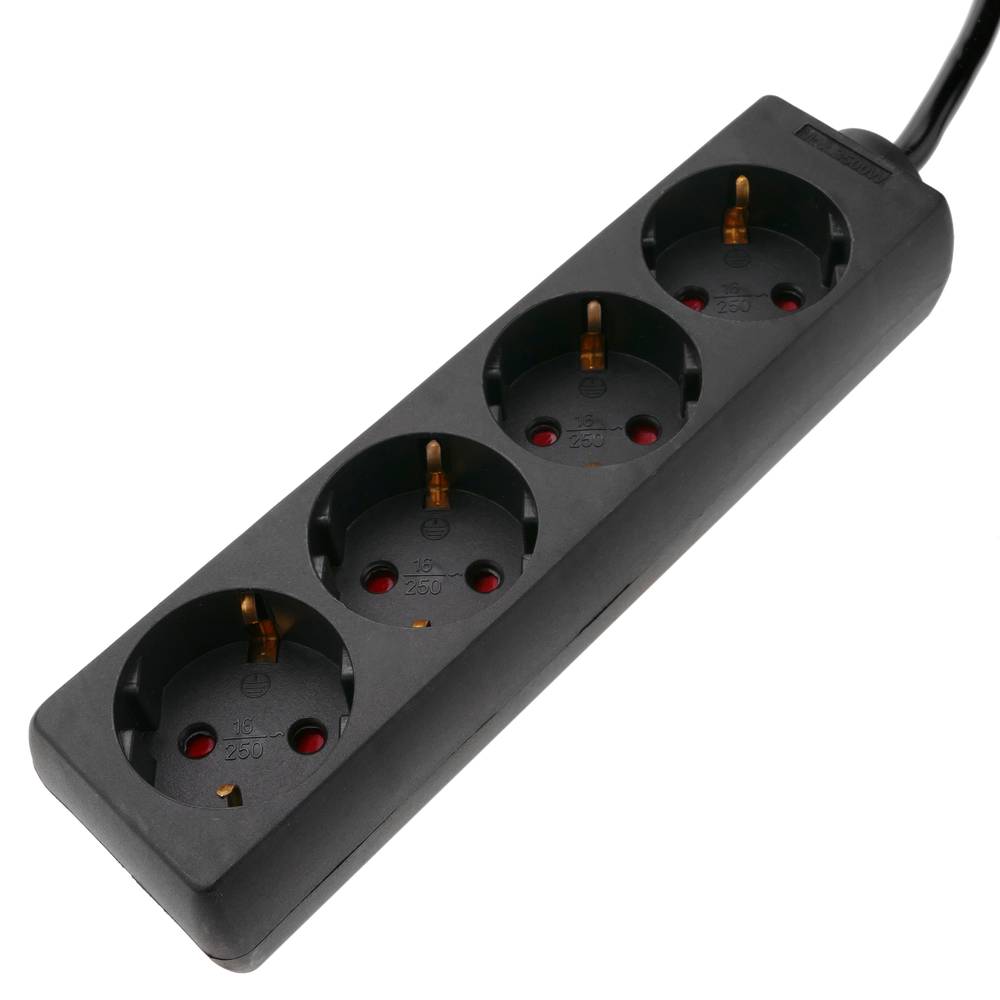 Stopcontact 4 schuko 16A 250V zwart met 3m kabel