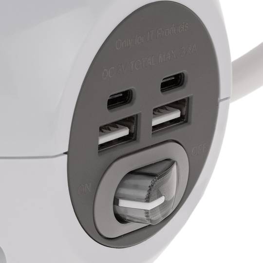 Base de 3 endolls schuko amb 2 ports USB, 2 USB-C i càrrega sense fil tipus cub blanc