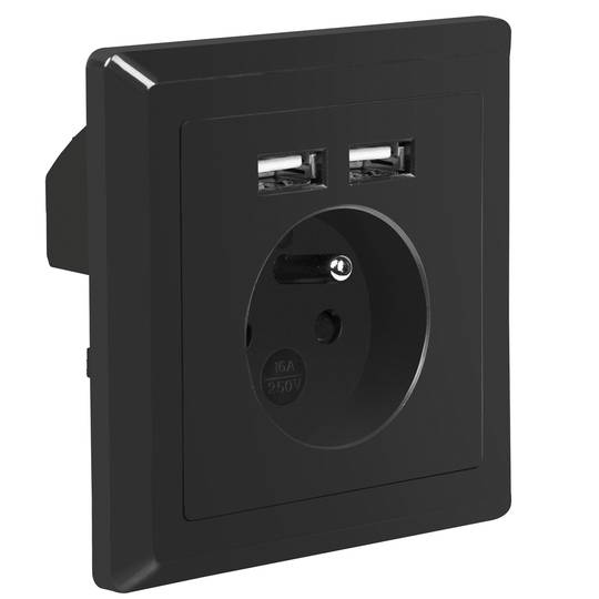 Gniazdo ścienne Lanberg AC 230V z 2 portami USB 2.1A francuski wtyk kolor czarny AC-WS01-USB2-EB