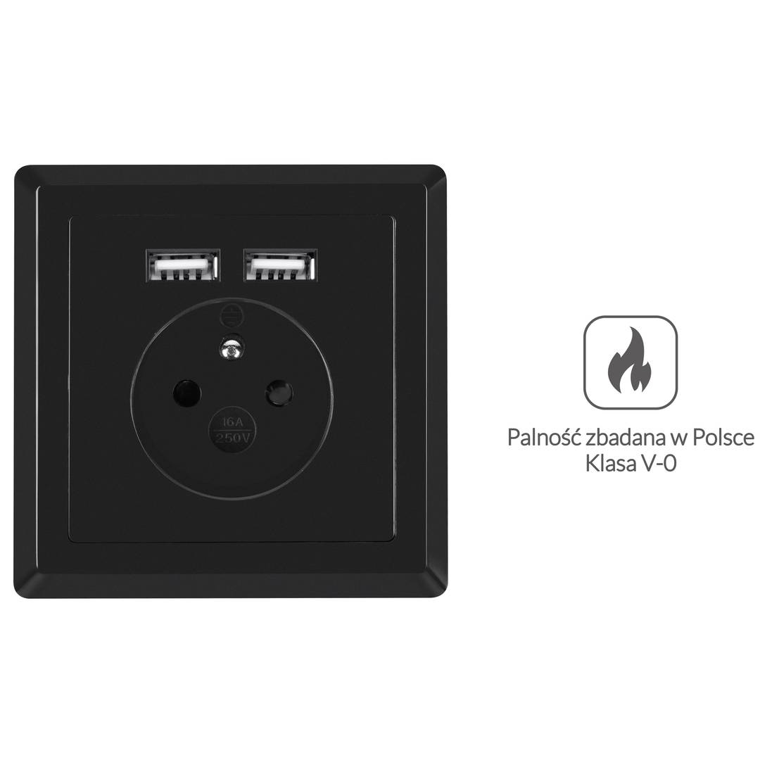 Gniazdo ścienne Lanberg AC 230V z 2 portami USB 2.1A francuski wtyk kolor czarny AC-WS01-USB2-EB