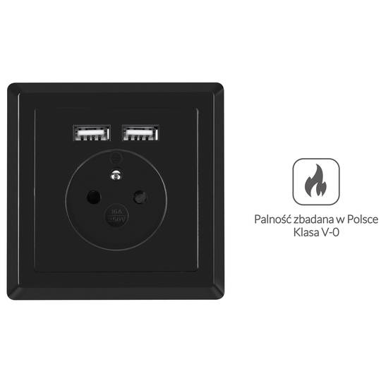 Gniazdo ścienne Lanberg AC 230V z 2 portami USB 2.1A francuski wtyk kolor czarny AC-WS01-USB2-EB