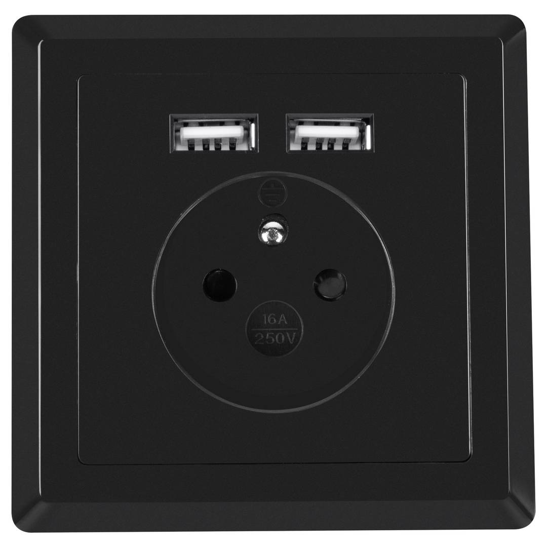 Gniazdo ścienne Lanberg AC 230V z 2 portami USB 2.1A francuski wtyk kolor czarny AC-WS01-USB2-EB