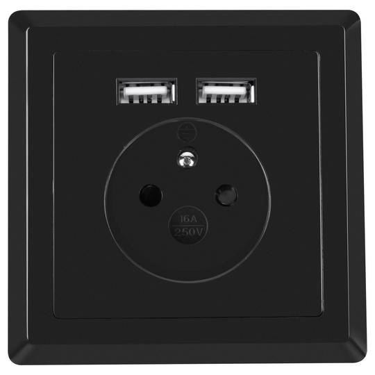 Gniazdo ścienne Lanberg AC 230V z 2 portami USB 2.1A francuski wtyk kolor czarny AC-WS01-USB2-EB