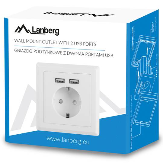 Gniazdo ścienne Lanberg Schuko 230V z dwoma USB 2.1A