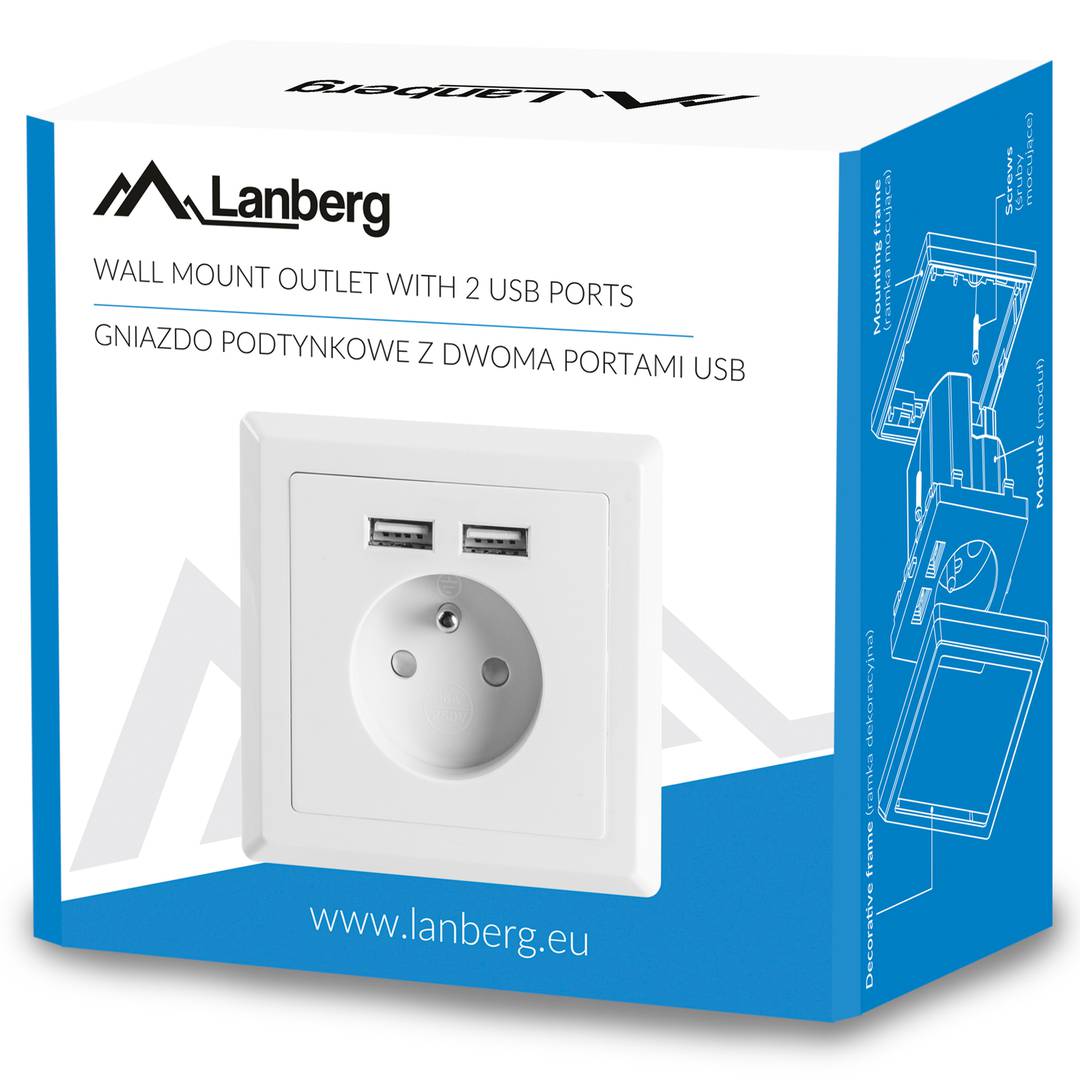 Schuko socket outlet with USB 2 x A female 86x86mm for embedding white by Lanberg AC-WS01-USB2-E