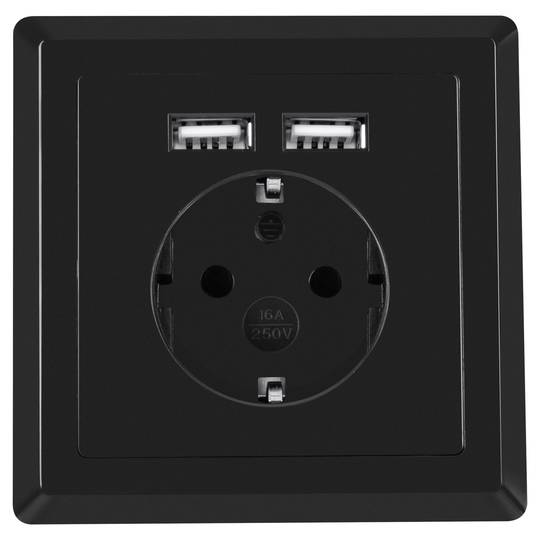 Lanberg AC 230V wandcontactdoos met 2 USB poorten 2.1A Schuko zwarte kleur AC-WS01-USB2-FB