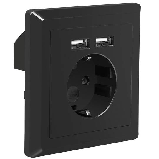 Lanberg AC 230V wandcontactdoos met 2 USB poorten 2.1A Schuko zwarte kleur AC-WS01-USB2-FB