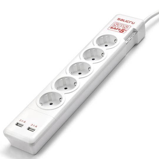 Ciabatta elettrica Salicru con protezione elettrica con 5 spine schuko e 2 porte USB