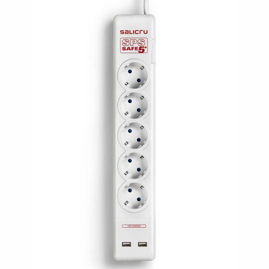 Ciabatta elettrica Salicru con protezione elettrica con 5 spine schuko e 2 porte USB