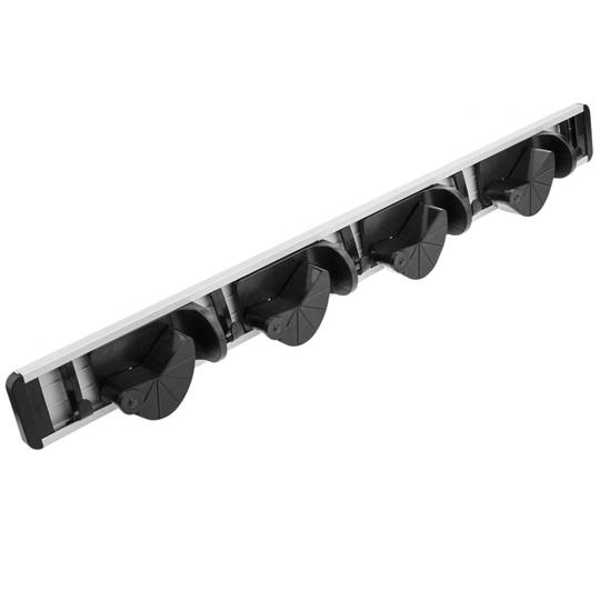 Holder for mop, broom and brush. Wallmount rack organizer with 4 positions and 5 hooks