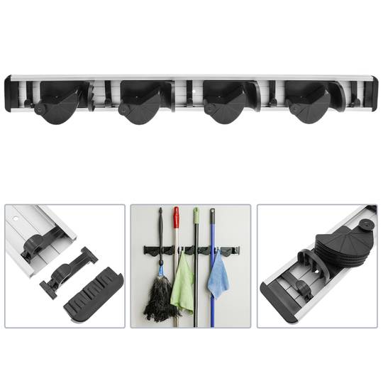 Holder for mop, broom and brush. Wallmount rack organizer with 4 positions and 5 hooks