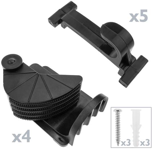 Holder for mop, broom and brush. Wallmount rack organizer with 4 positions and 5 hooks