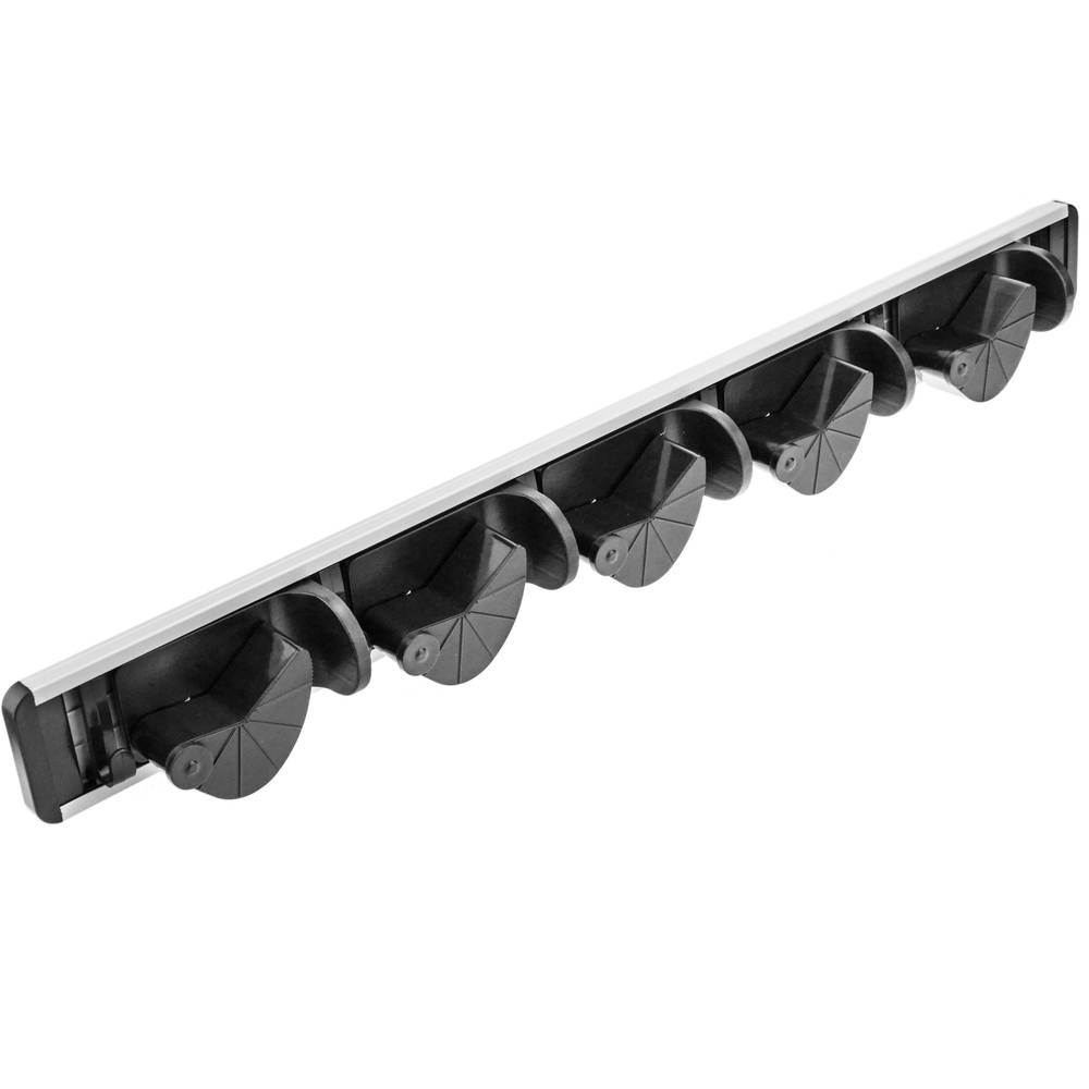 Holder for mop, broom and brush. Wallmount rack organizer with 5 positions and 6 hooks
