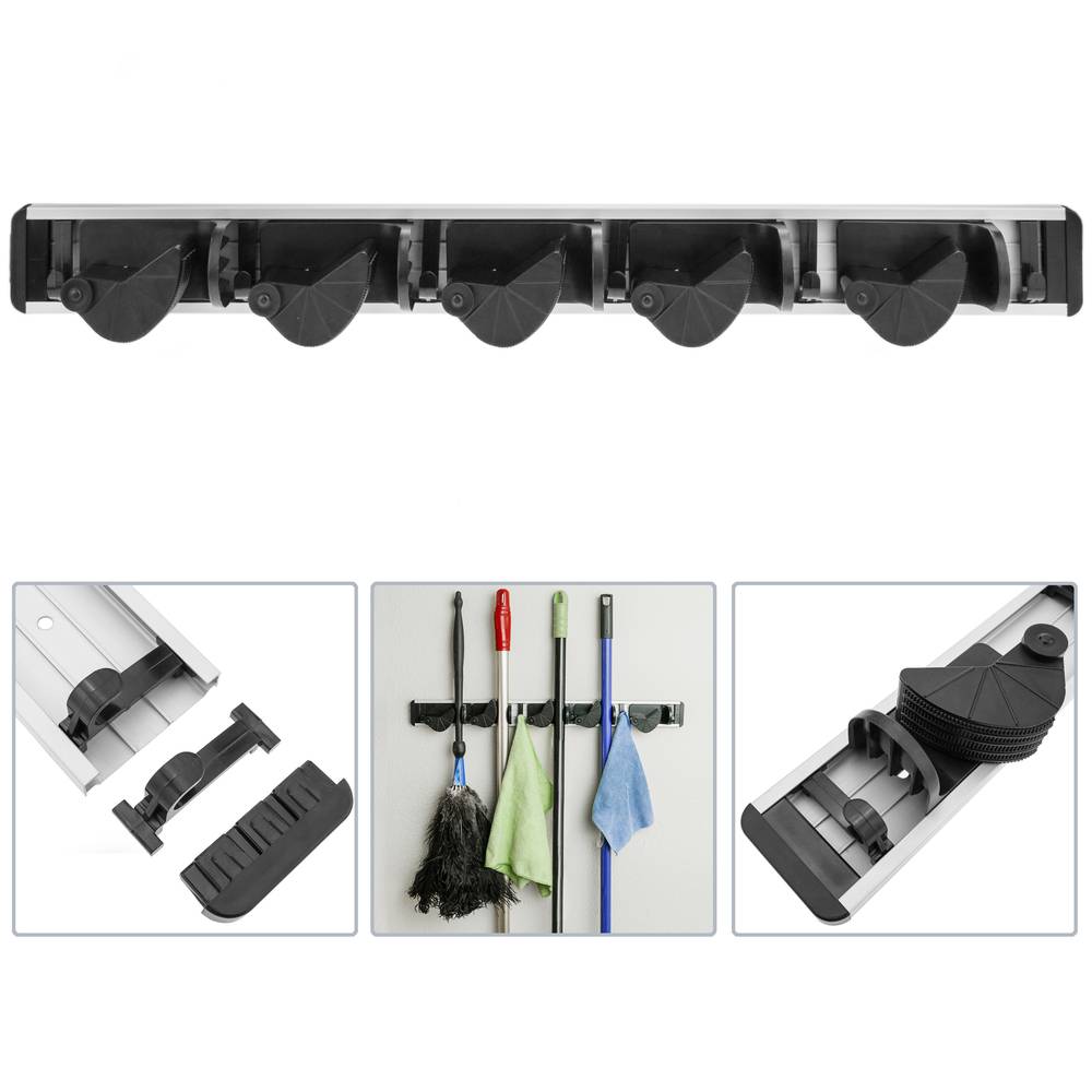 Holder for mop, broom and brush. Wallmount rack organizer with 5 positions and 6 hooks