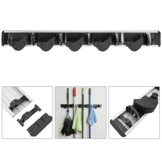 Holder for mop, broom and brush. Wallmount rack organizer with 5 positions and 6 hooks