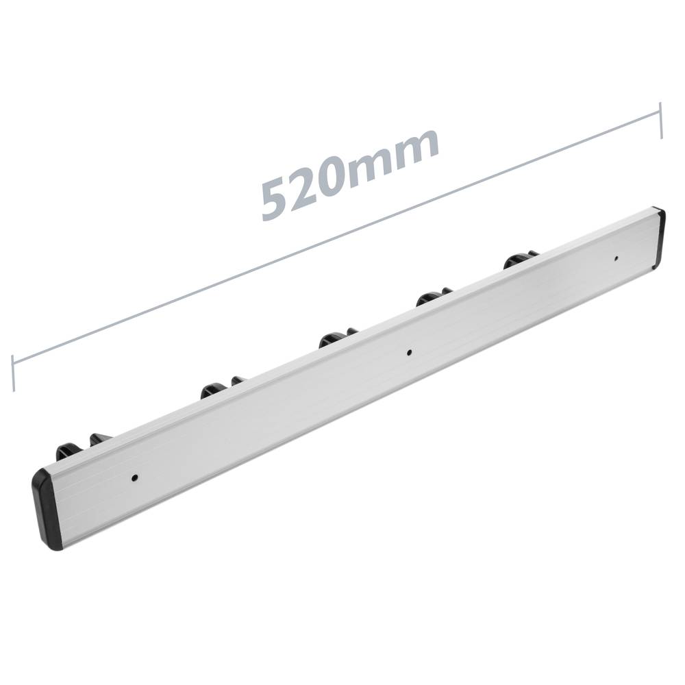 Holder for mop, broom and brush. Wallmount rack organizer with 5 positions and 6 hooks