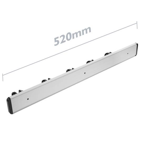 Holder for mop, broom and brush. Wallmount rack organizer with 5 positions and 6 hooks