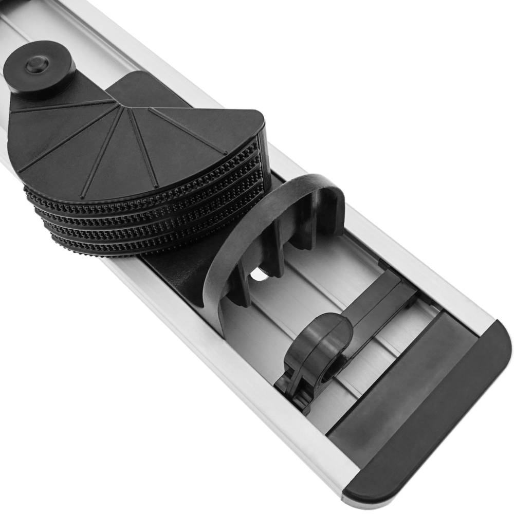Holder for mop, broom and brush. Wallmount rack organizer with 5 positions and 6 hooks