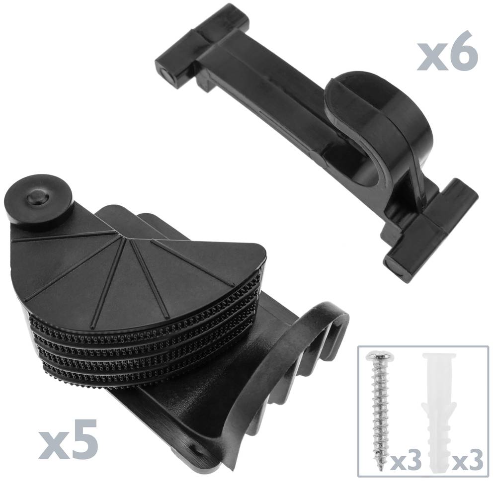 Holder for mop, broom and brush. Wallmount rack organizer with 5 positions and 6 hooks