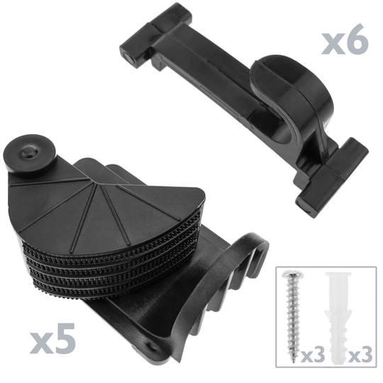 Holder for mop, broom and brush. Wallmount rack organizer with 5 positions and 6 hooks