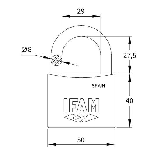 50mm brass padlock with 2 keys and normal shackle IFAM K50