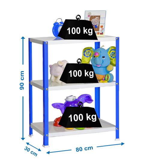 Verzinktes Metallregal zur Aufbewahrung PrimeMatik Mini Home Classic mit 3 Holzregalen 80 x 30 x 90 cm in der Farbe Blau/Weiß