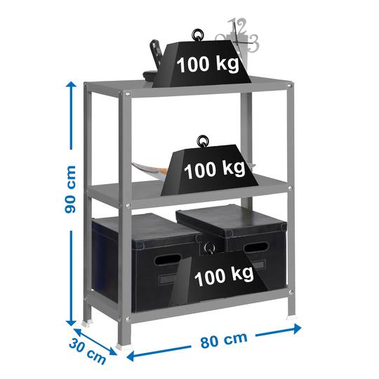 Półka metalowa ocynkowana do przechowywania PrimeMatik Mini Home Classic z 3 drewnianymi półkami 80 x 30 x 90 cm w kolorze szarym / szarym