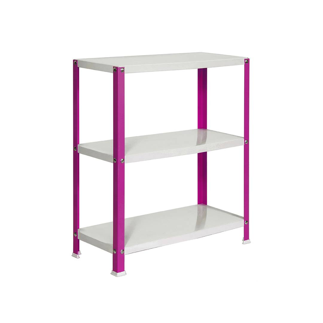 Scaffale in metallo zincato per la conservazione PrimeMatik Mini Home  Classic con 3 ripiani in legno 80 x 30 x 90 cm rosa / bianco - Cablematic