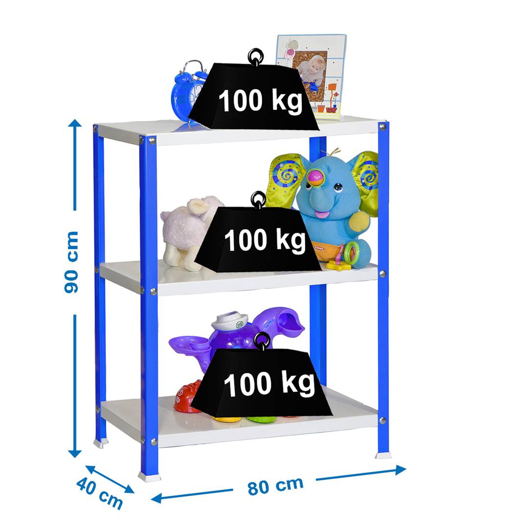 Gegalvaniseerd metalen opbergrek PrimeMatik Mini Home Classic met 3 houten planken 80 x 40 x 90 cm in blauw/witte kleur