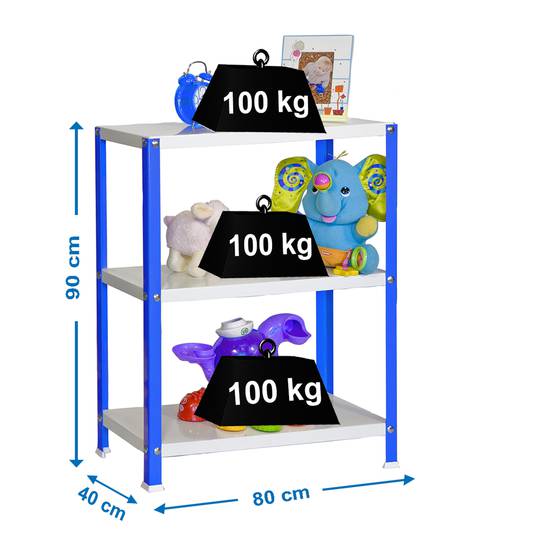 Gegalvaniseerd metalen opbergrek PrimeMatik Mini Home Classic met 3 houten planken 80 x 40 x 90 cm in blauw/witte kleur