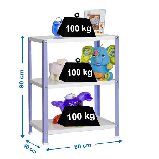 Prateleira de metal galvanizado para armazenamento PrimeMatik Mini Home Classic com 3 prateleiras de madeira 80 x 40 x 90 cm em roxo / branco