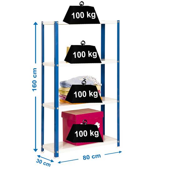 Verzinktes Metallregal zur Aufbewahrung PrimeMatik Mini Home Classic mit 4 Holzböden 80 x 30 x 160 cm blau / weiß