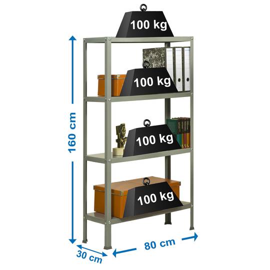 Scaffale in metallo zincato per stoccaggio PrimeMatik Mini Home Classic con 4 ripiani in legno 80 x 30 x 160 cm in colore grigio/grigio