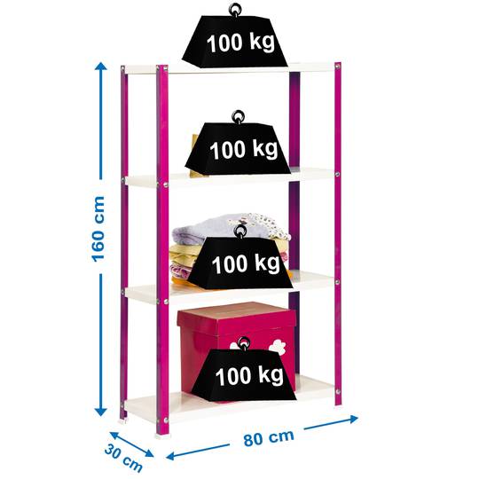 Étagère en métal galvanisé pour le stockage PrimeMatik Mini Home Classic avec 4 étagères en bois 80 x 30 x 160 cm rose / blanc