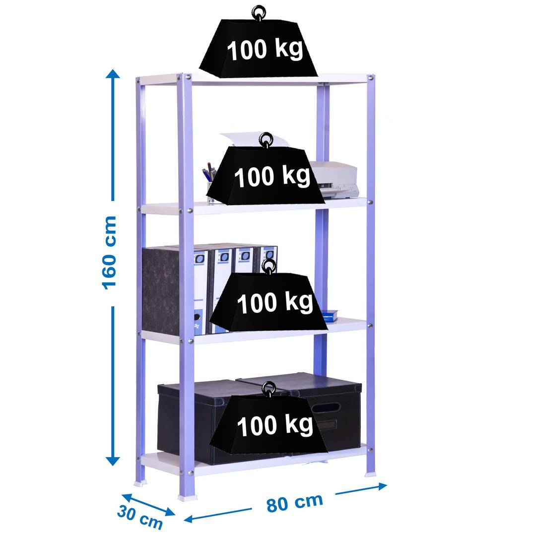 Scaffale in metallo zincato per la conservazione PrimeMatik Mini Home Classic con 4 ripiani in legno 80 x 30 x 160 cm viola / bianco