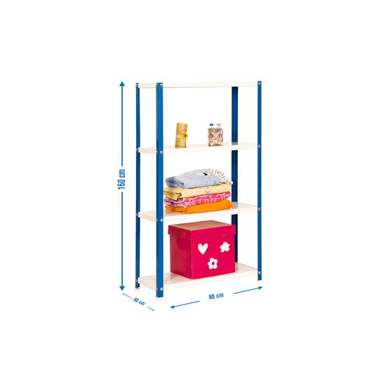 Prateleira de metal galvanizado para armazenamento PrimeMatik Mini Home Classic com 4 prateleiras de madeira 80 x 40 x 160 cm azul / branco