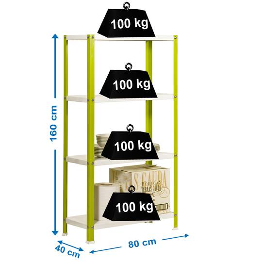 Prateleira de metal galvanizado para armazenamento PrimeMatik Mini Home Classic com 4 prateleiras de madeira 80 x 40 x 160 cm verde / branco