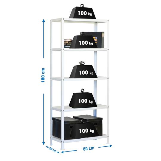 Półka metalowa ocynkowana do przechowywania PrimeMatik Mini Home Classic z 5 drewnianymi półkami 80 x 30 x 180 cm biały / biały