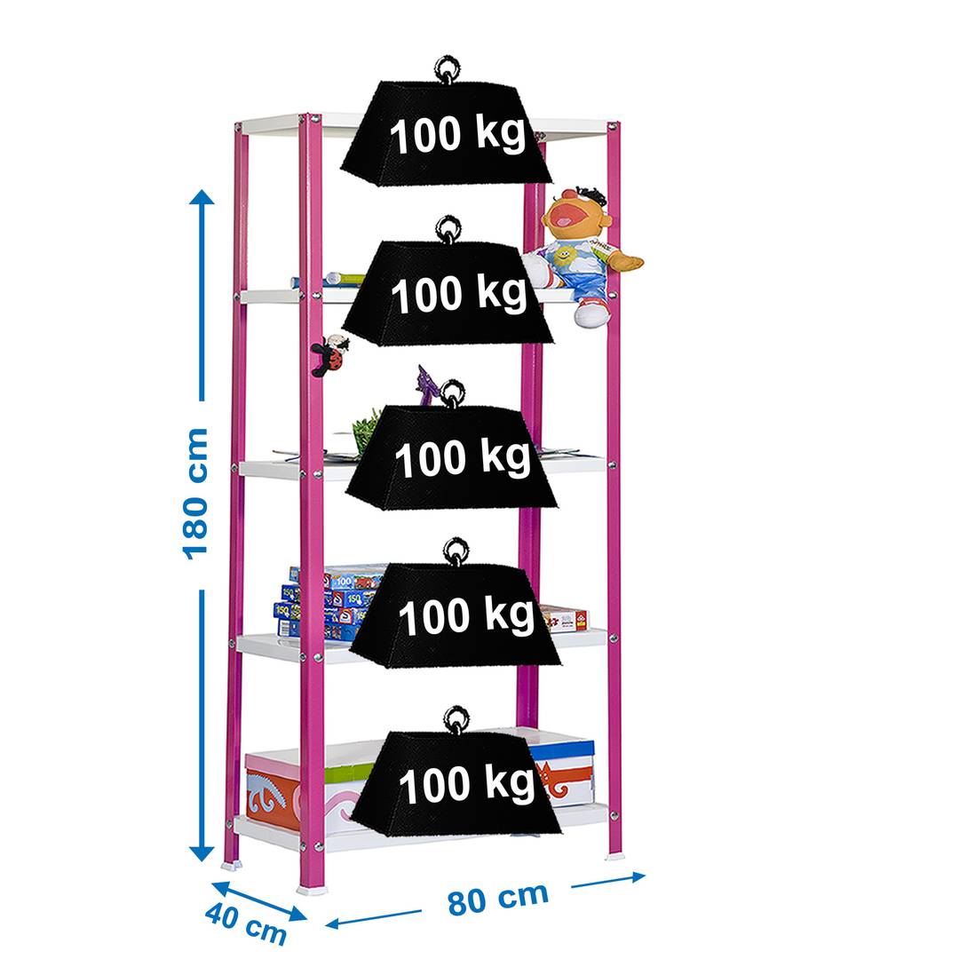 Estanteria metálica galvanizada para almacenaje Simonhome Simonrack Mini Home Classic de 5 baldas de madera 80 x 40 x 180 cm de color rosa / blanco