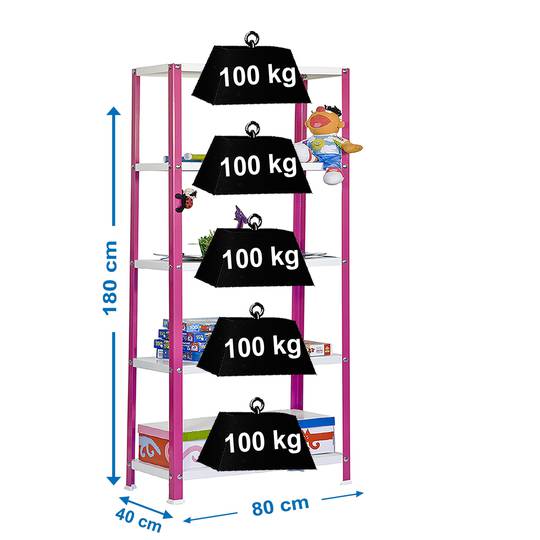 Estanteria metálica galvanizada para almacenaje Simonhome Simonrack Mini Home Classic de 5 baldas de madera 80 x 40 x 180 cm de color rosa / blanco