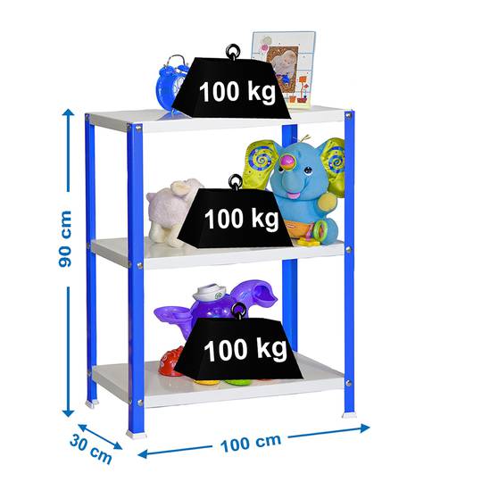 Półka metalowa ocynkowana do przechowywania PrimeMatik Plus Home Classic z 3 drewnianymi półkami 100 x 30 x 90 cm w kolorze niebiesko-białym