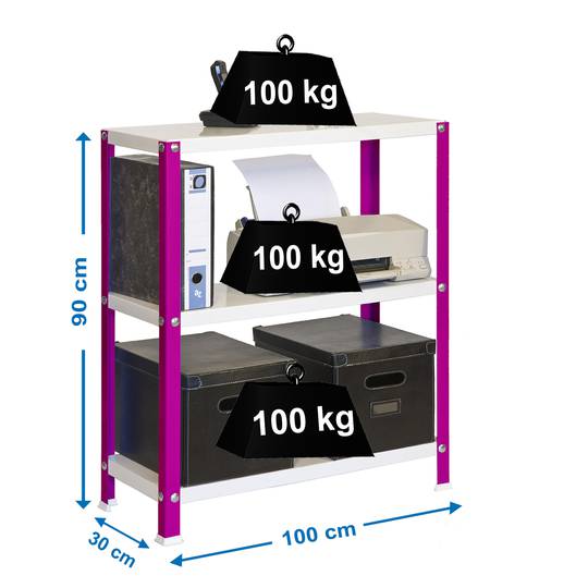 Gegalvaniseerd metalen opbergrek PrimeMatik Plus Home Classic met 3 houten planken 100 x 30 x 90 cm roze/wit
