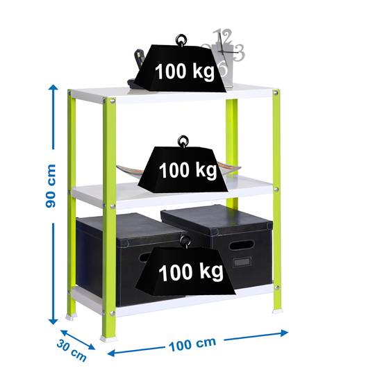 Estanteria metálica galvanizada para almacenaje Simonhome Simonrack Plus Home Classic de 3 baldas de madera 100 x 30 x 90 cm de color verde / blanco