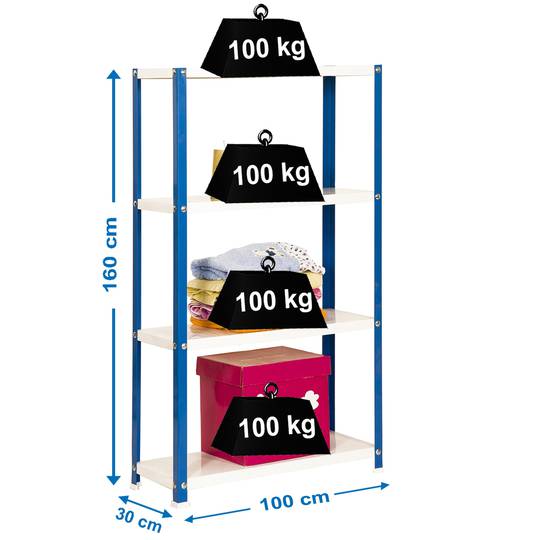 Półka metalowa ocynkowana do przechowywania PrimeMatik Plus Home Classic z 4 drewnianymi półkami 100 x 30 x 160 cm w kolorze niebiesko-białym