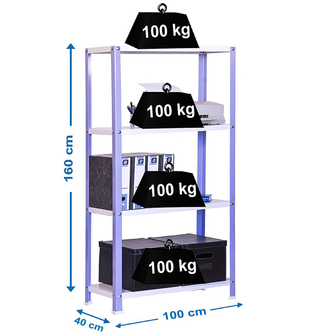 Scaffale in metallo zincato per la conservazione PrimeMatik Plus Home Classic con 4 ripiani in legno 100 x 40 x 160 cm viola / bianco