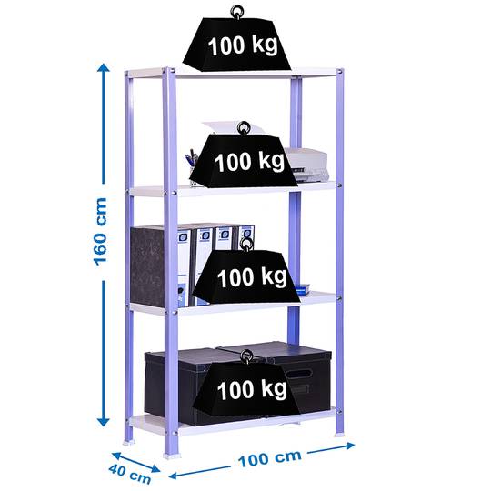 Scaffale in metallo zincato per la conservazione PrimeMatik Plus Home Classic con 4 ripiani in legno 100 x 40 x 160 cm viola / bianco